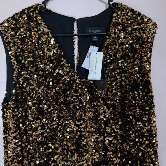 (NWT) Banana Republic Gold Sequin Mini Dress Size M Cocktail Party Sparkle Shift - Picture 3 of 11
